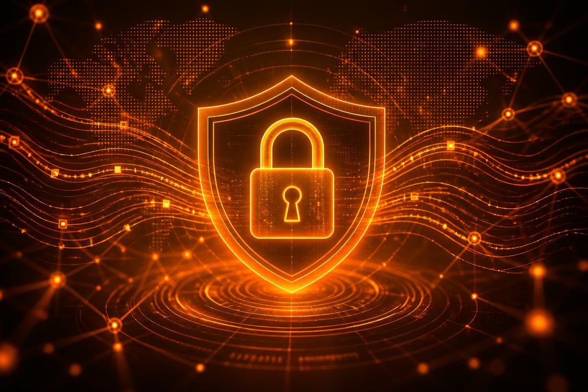 Concetto di cybersecurity con scudo e lucchetto digitali